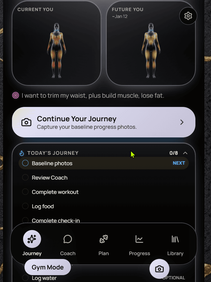 SculptAI Journey screen showing 'Current You' and 'Future You' body renders, the goal 'I want to trim my waist, plus build muscle, lose fat.', a 'Continue Your Journey' prompt to capture baseline progress photos, and a 0 of 8 checklist for the day.
