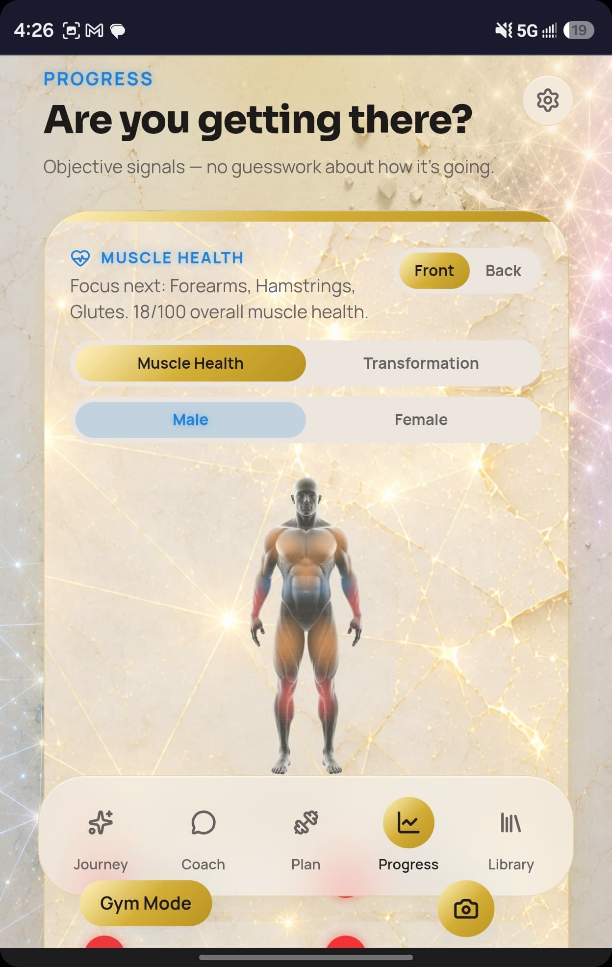 SculptAI Progress screen headed 'Are you getting there?' with the subtitle 'Objective signals — no guesswork about how it's going', a muscle health panel reading 'Focus next: Forearms, Hamstrings, Glutes. 18/100 overall muscle health', and an anatomical avatar shaded per muscle group.