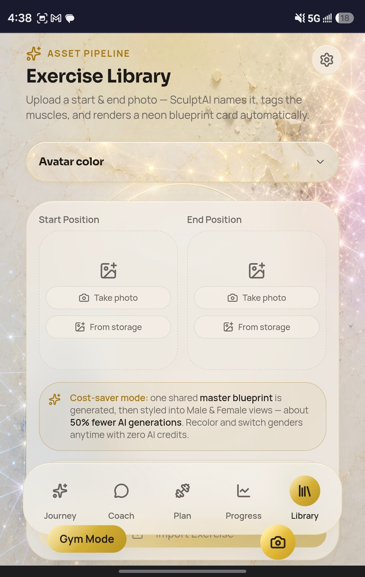 The SculptAI exercise import screen, headed 'Asset Pipeline', explaining that uploading a start and end photo makes SculptAI name the exercise, tag the muscles and render a blueprint card, with start and end photo pickers and a cost-saver mode explanation.