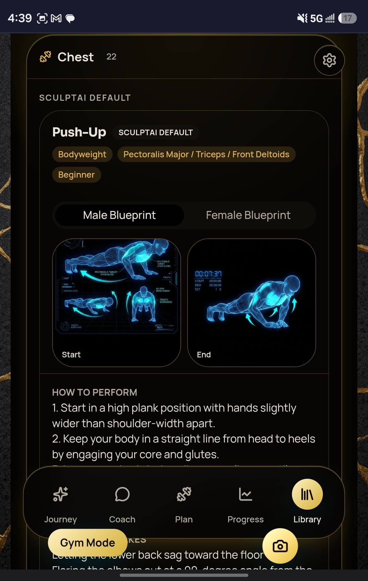A SculptAI exercise blueprint card for the Push-Up under the Chest category, tagged Bodyweight, 'Pectoralis Major / Triceps / Front Deltoids' and Beginner, with a Male and Female blueprint toggle, start and end wireframe renders, and 'How to perform' instructions.