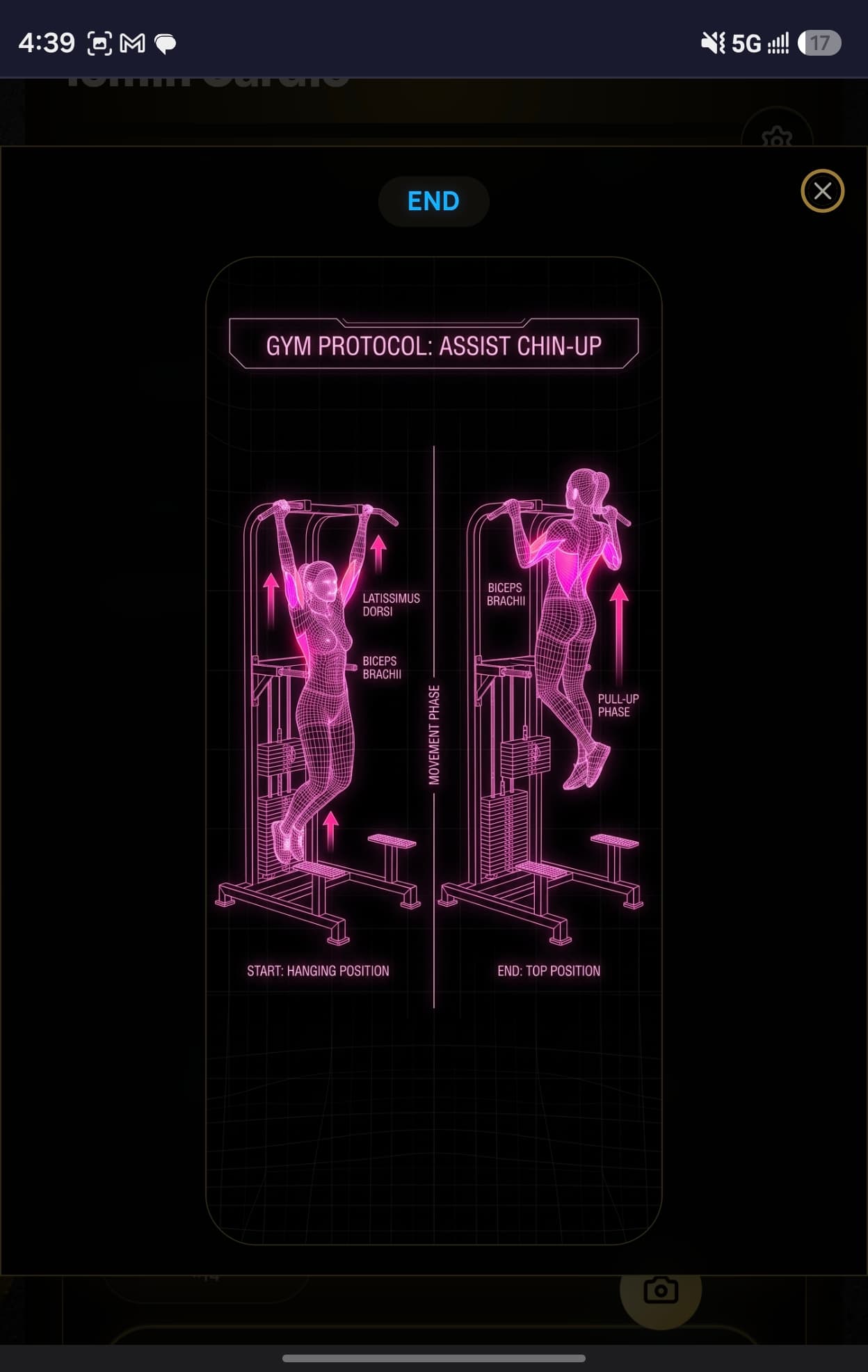 A SculptAI blueprint headed 'Gym protocol: assist chin-up', showing hanging and top positions on an assisted pull-up machine with latissimus dorsi and biceps brachii labeled.