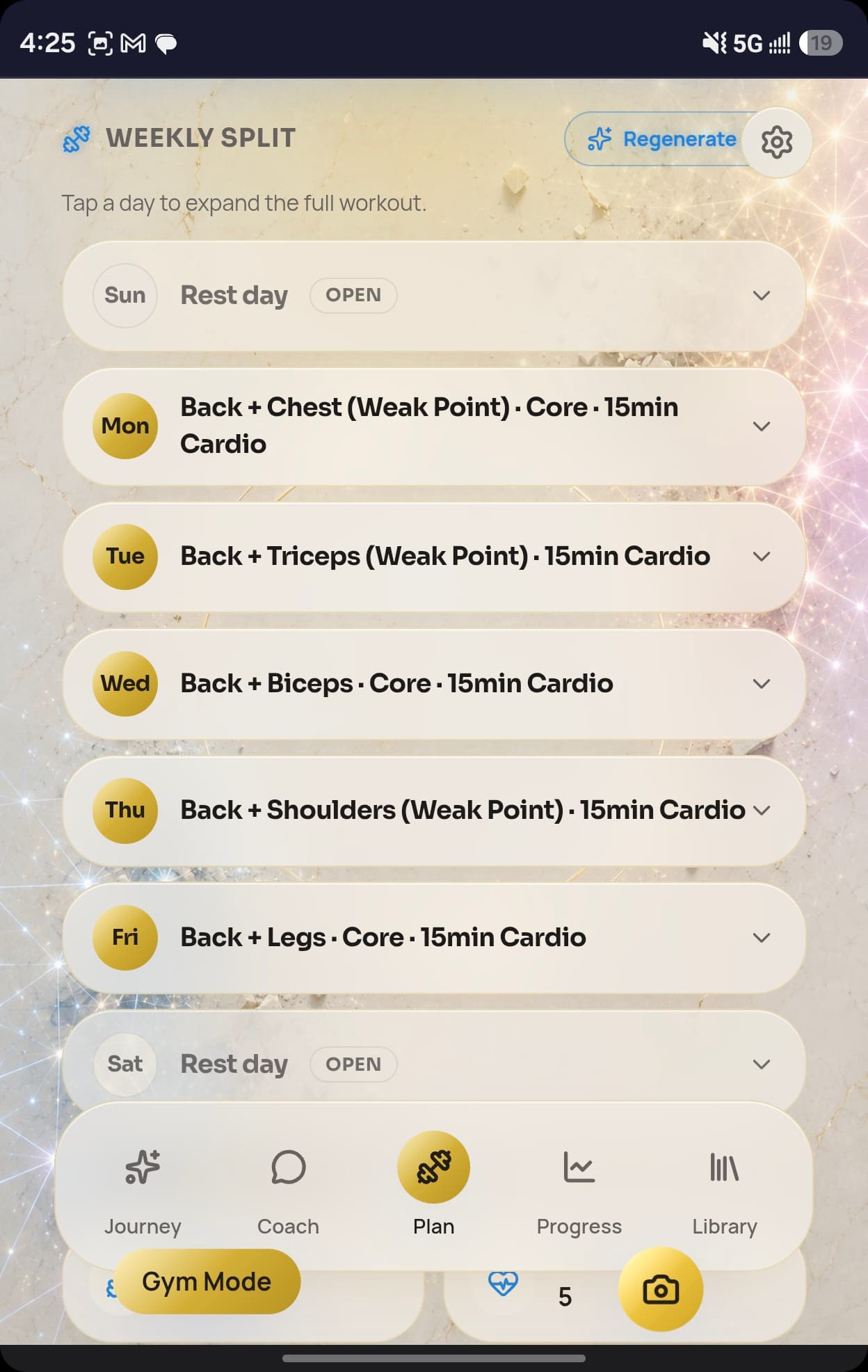 SculptAI weekly split showing Sunday and Saturday as open rest days and five composed training days including 'Back + Triceps (Weak Point) · 15min Cardio' on Tuesday, with a Regenerate action in the header.