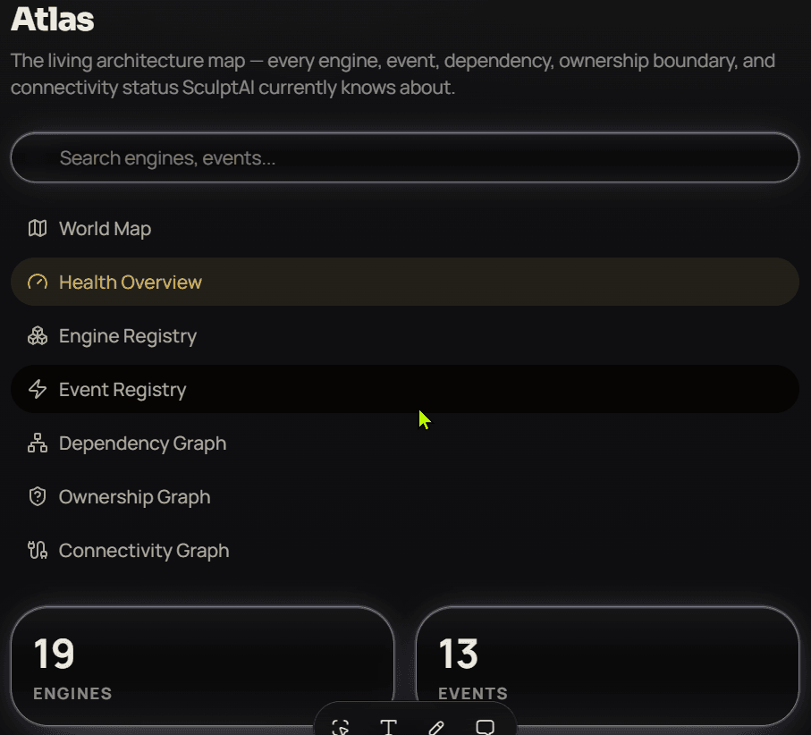 The Atlas internal tool, described as 'the living architecture map', with navigation for World Map, Health Overview, Engine Registry, Event Registry, Dependency Graph, Ownership Graph and Connectivity Graph, and counters reading 19 engines and 13 events.