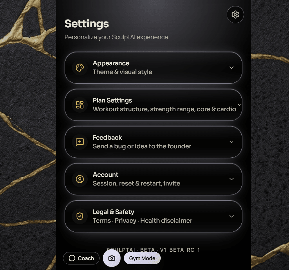The SculptAI settings screen listing Appearance, Plan Settings, Feedback, Account and Legal & Safety groups, with the build stamped 'SCULPTAI · BETA · V1-BETA-RC-1' at the foot.