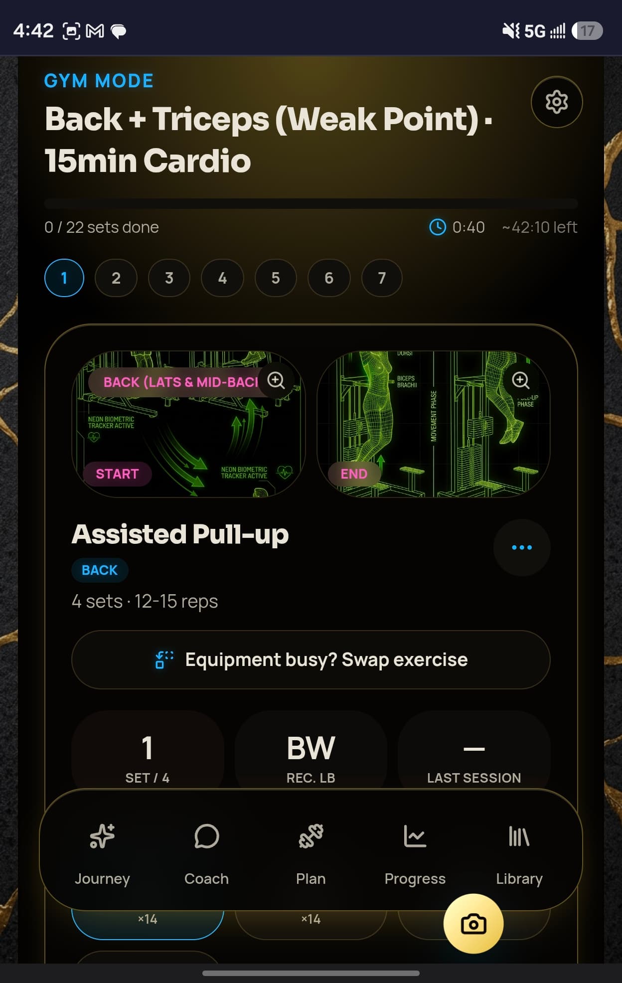 SculptAI Gym Mode on a phone, showing the session 'Back + Triceps (Weak Point) · 15min Cardio', 0 of 22 sets done, a seven-exercise pager, start and end movement blueprints for an assisted pull-up, and an 'Equipment busy? Swap exercise' action.